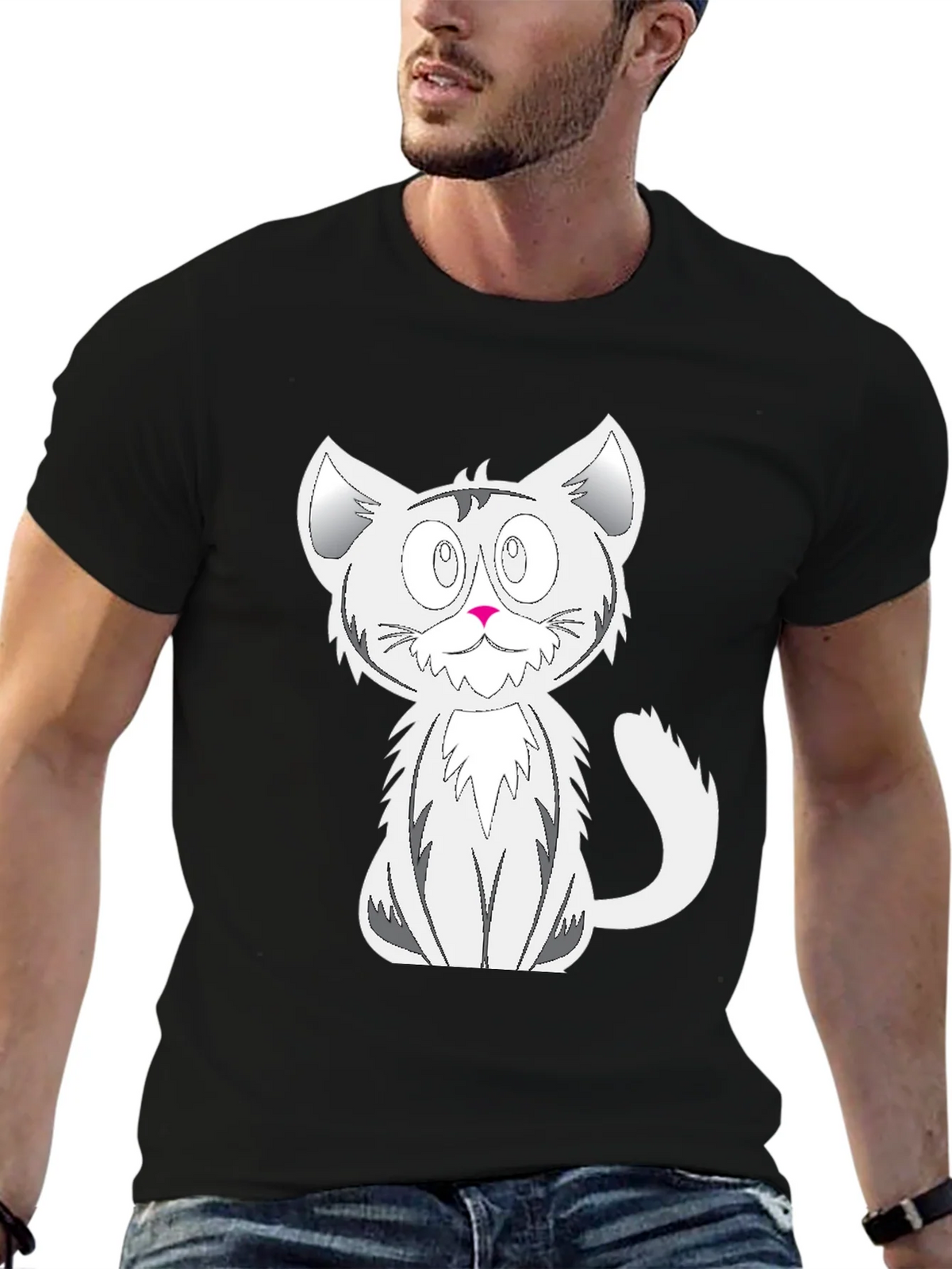 Cartoon Cat Graphic Tee - Black Cotton
