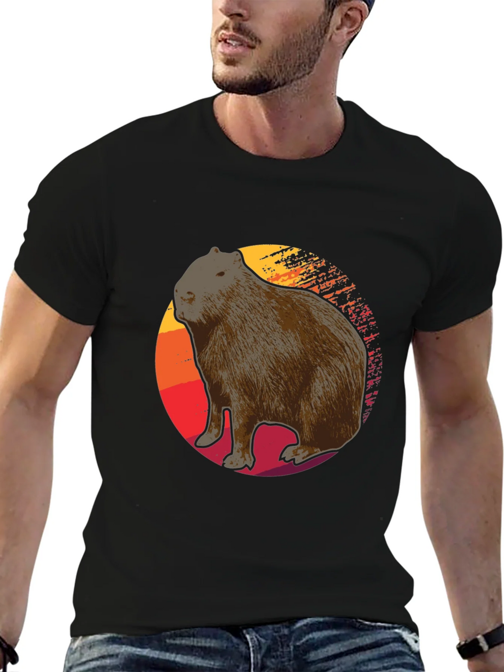Capybara Sunset Graphic Tee - Soft Black T-Shirt