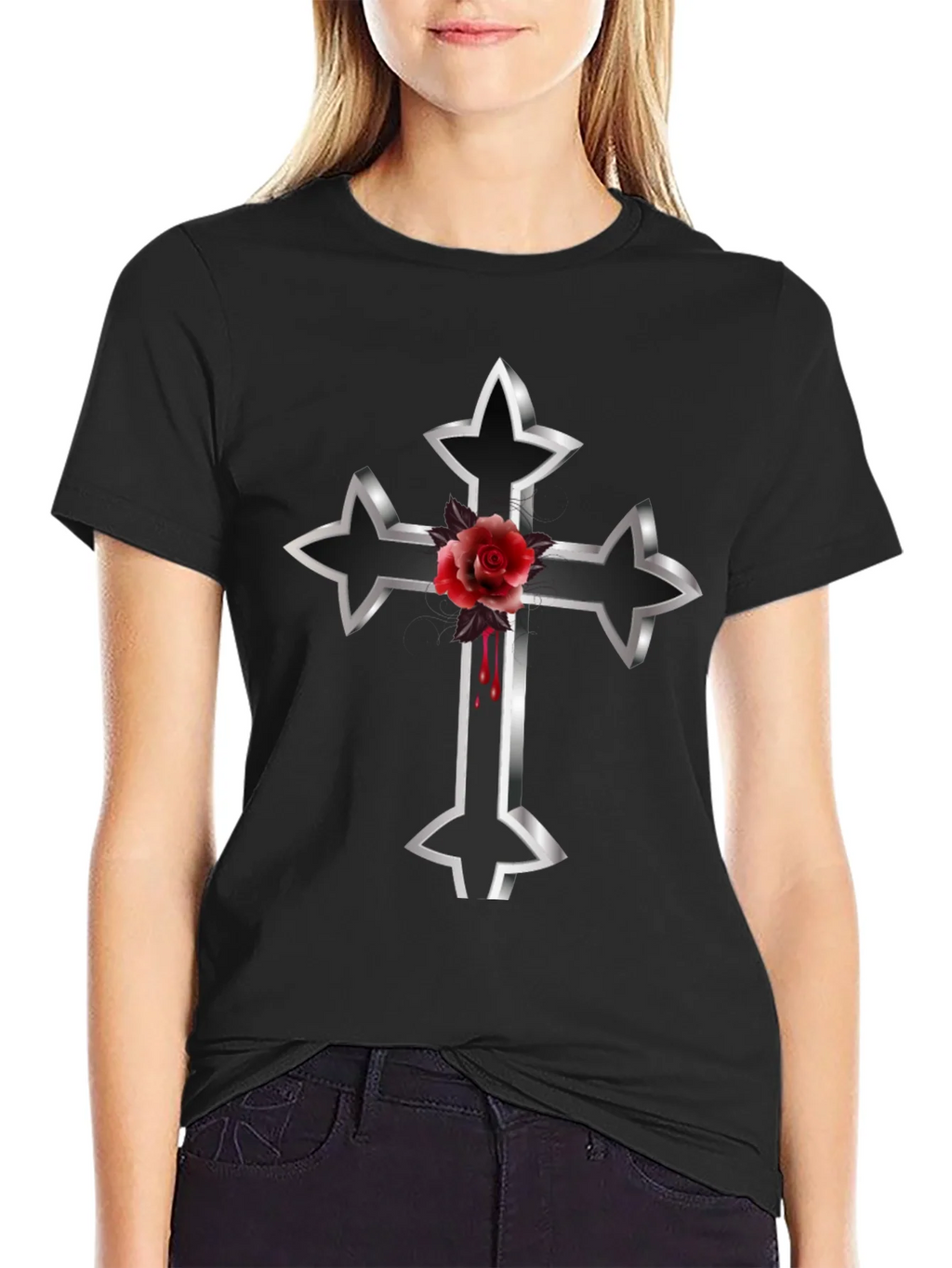 Gothic Cross & Rose Graphic Tee
