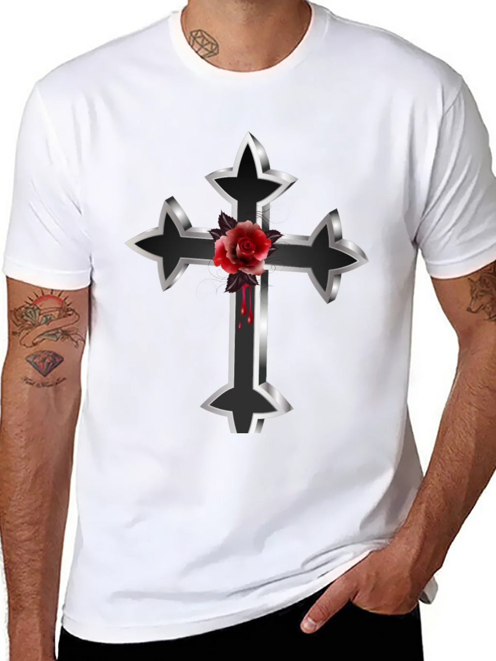 Gothic Cross & Rose Graphic Tee