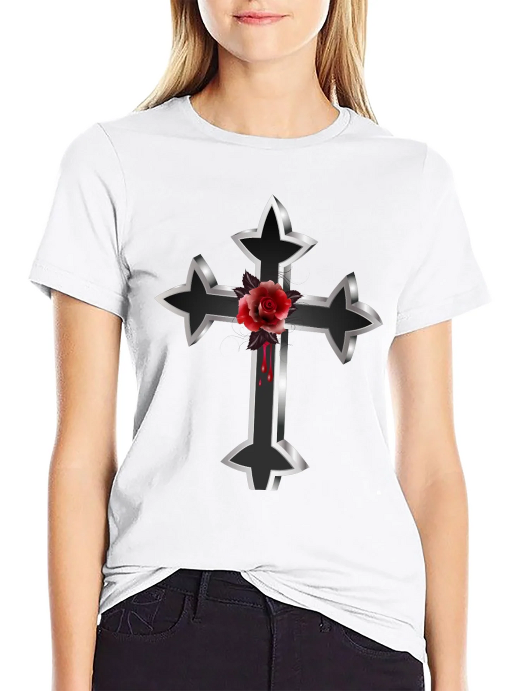 Gothic Cross & Rose Graphic Tee