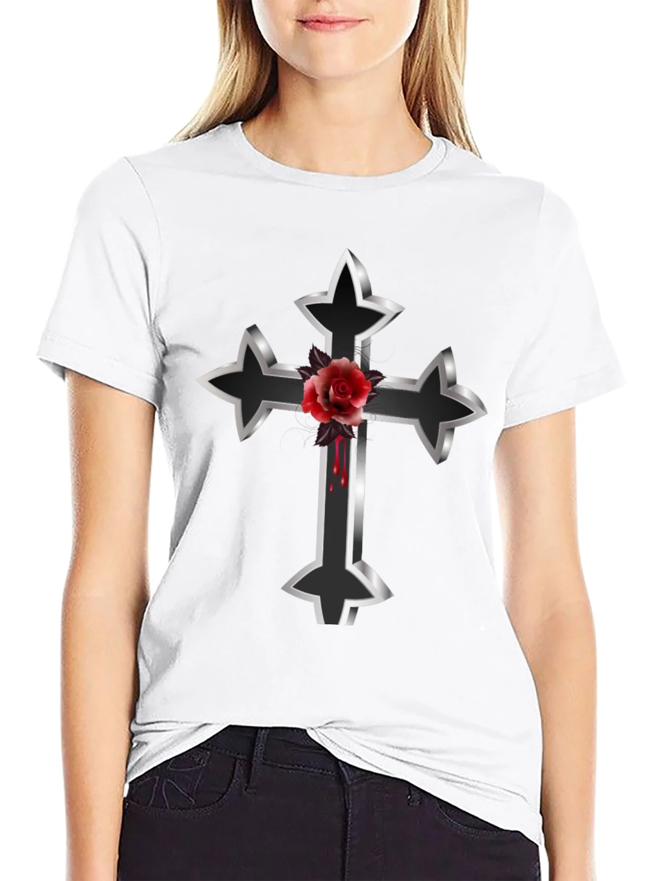 Gothic Cross & Rose Graphic Tee